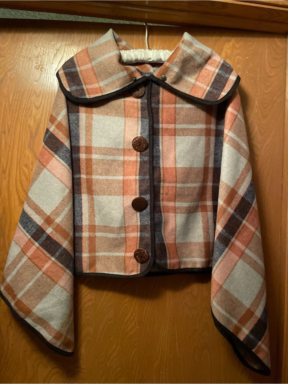 Plaid Button-Down Poncho Cape Jacket with an Oversized Statement Collar